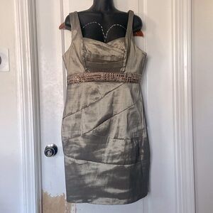 Celavie bronze gold body warping midi sleeveless draped front formal/prom dress